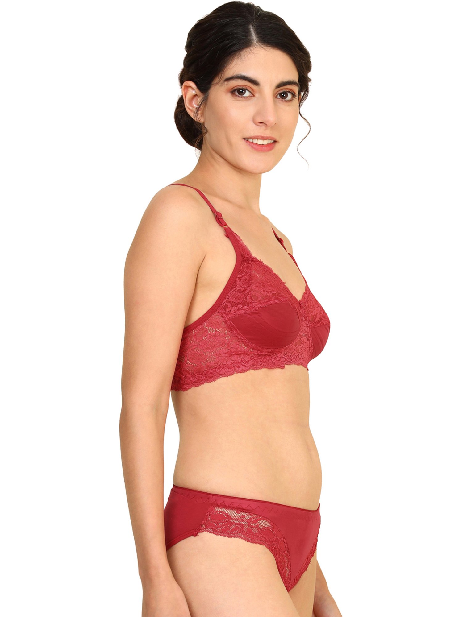 AROUSY Red Cotton Self Pattern Bra Panty Set