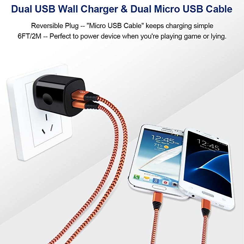 Charger Plug with 2 Pack 6FT Android Micro USB Cable Nylon Braided Cord Compatible for LG Aristo 3+ 4+ 2Arena 2Prime 2Phoenix 3 2 PlusFortune 2 LG K8V K50 K40 K30 Stylo 23 Plus