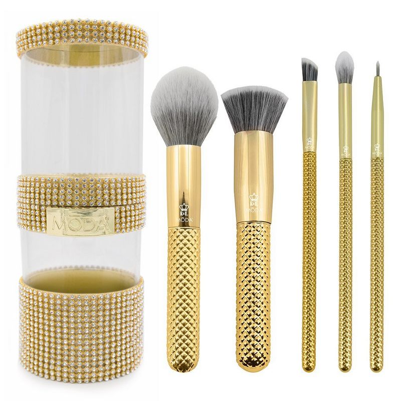 MODA Brush Metallics 6pc Full Face Gold Makeup Brush Set with Gold Gem Brush Container, Includes - Blush, Triad Eye, Crease and Flat Liner Brushes