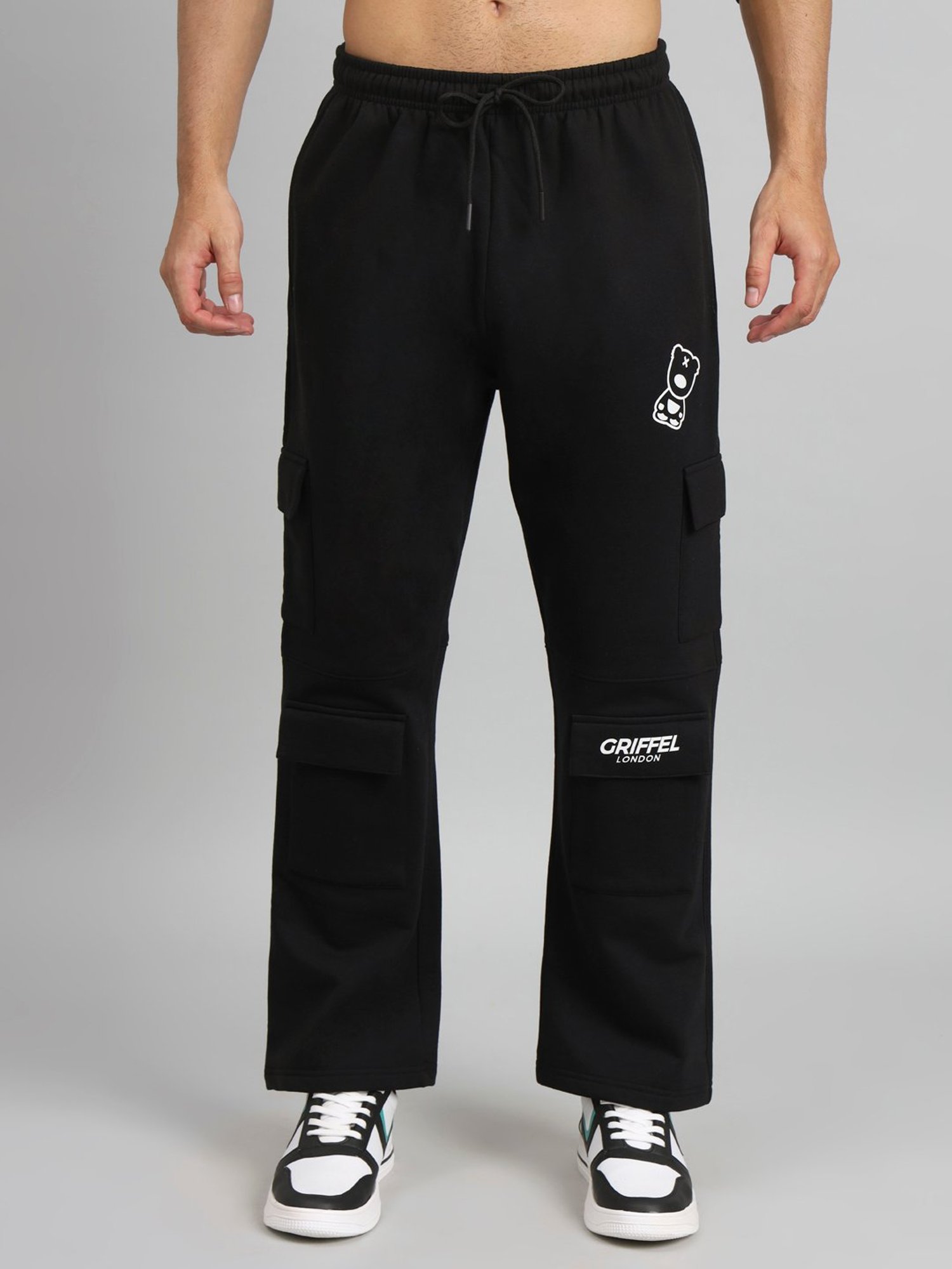 GRIFFEL Brown & Black Regular Fit Printed Hooded Sweatshirt & Trackpants Set