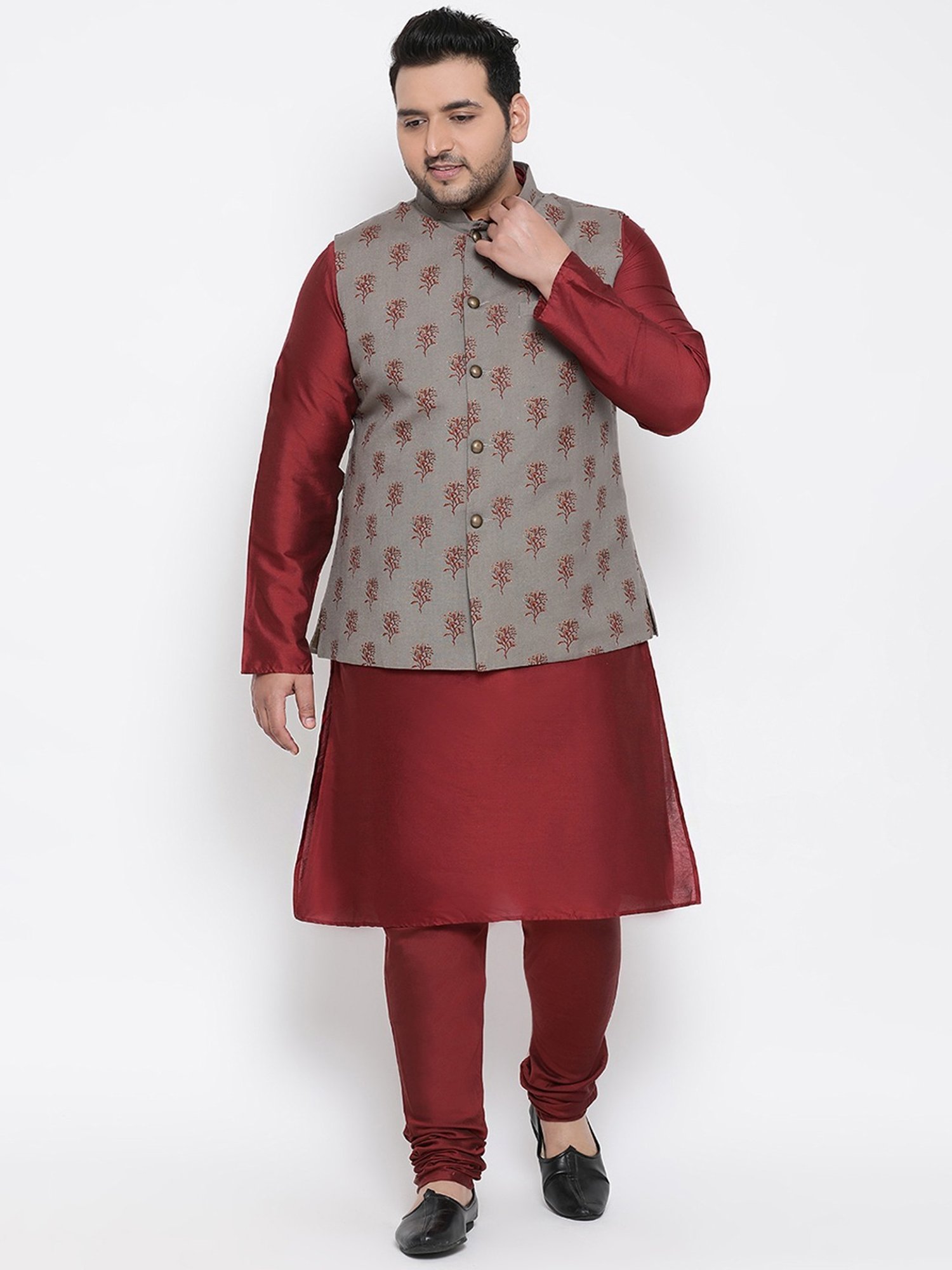 KISAH PLUS Grey & Maroon Regular Fit Printed Kurta Set With Jacket