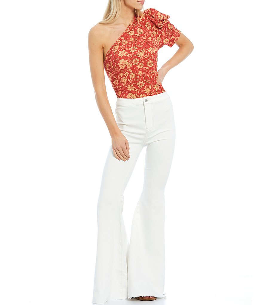 Free People Somethin Bout You Floral One Shoulder Puff Sleeve Bodysuit