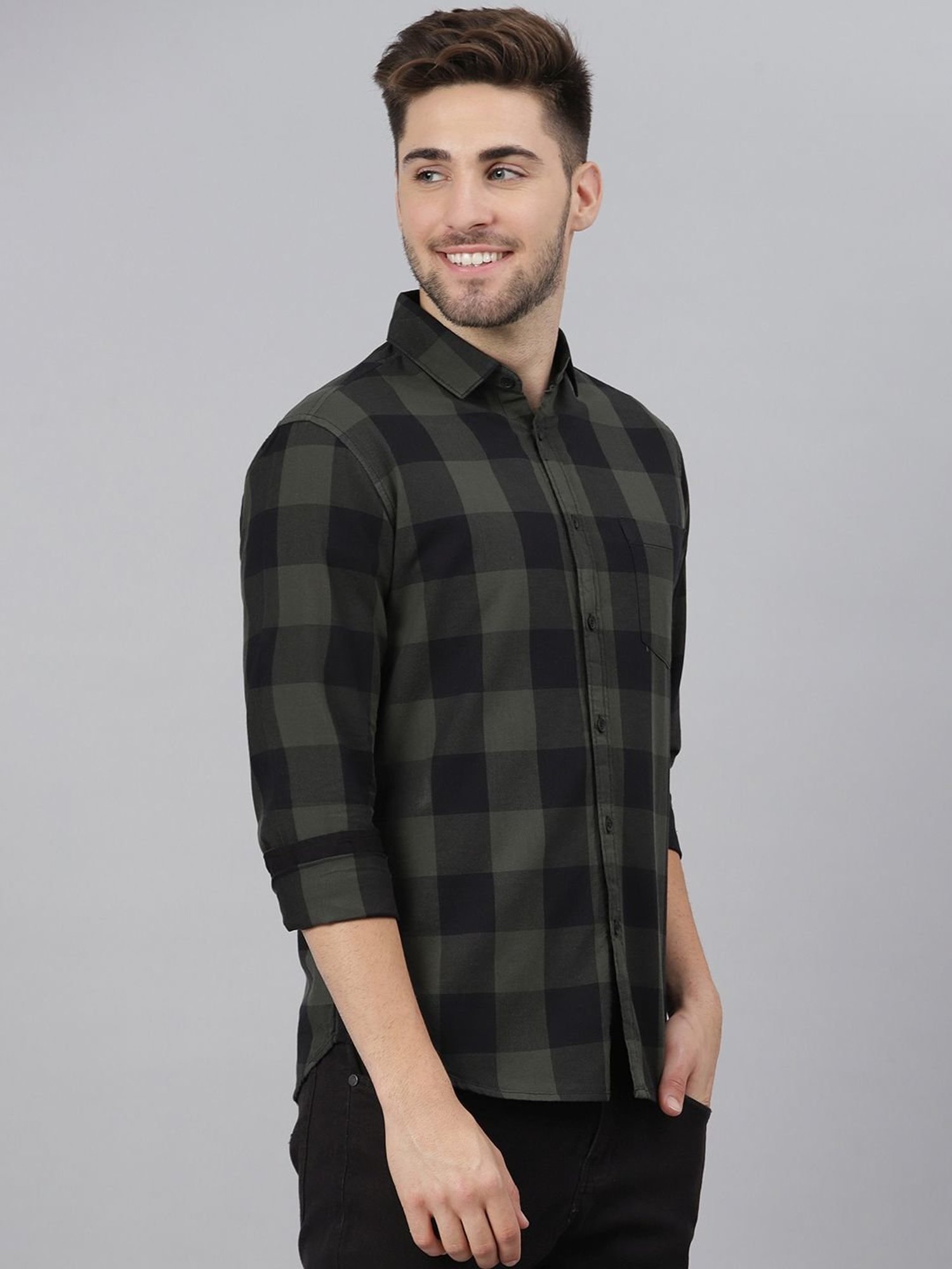 Dennis Lingo Olive & Black Cotton Slim Fit Checks Shirt
