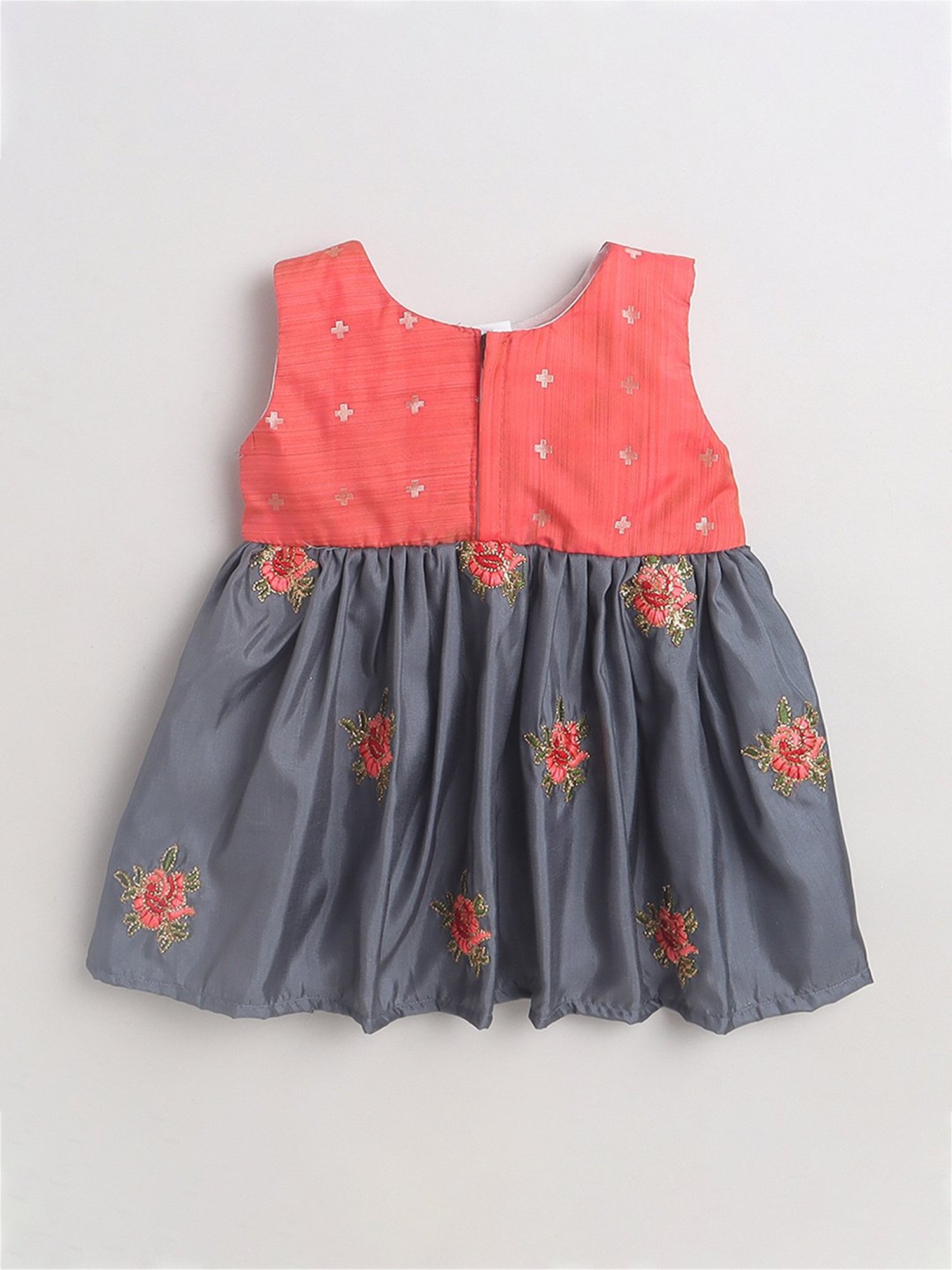 Many Frocks Kids Peach & Grey Embroidered Dress