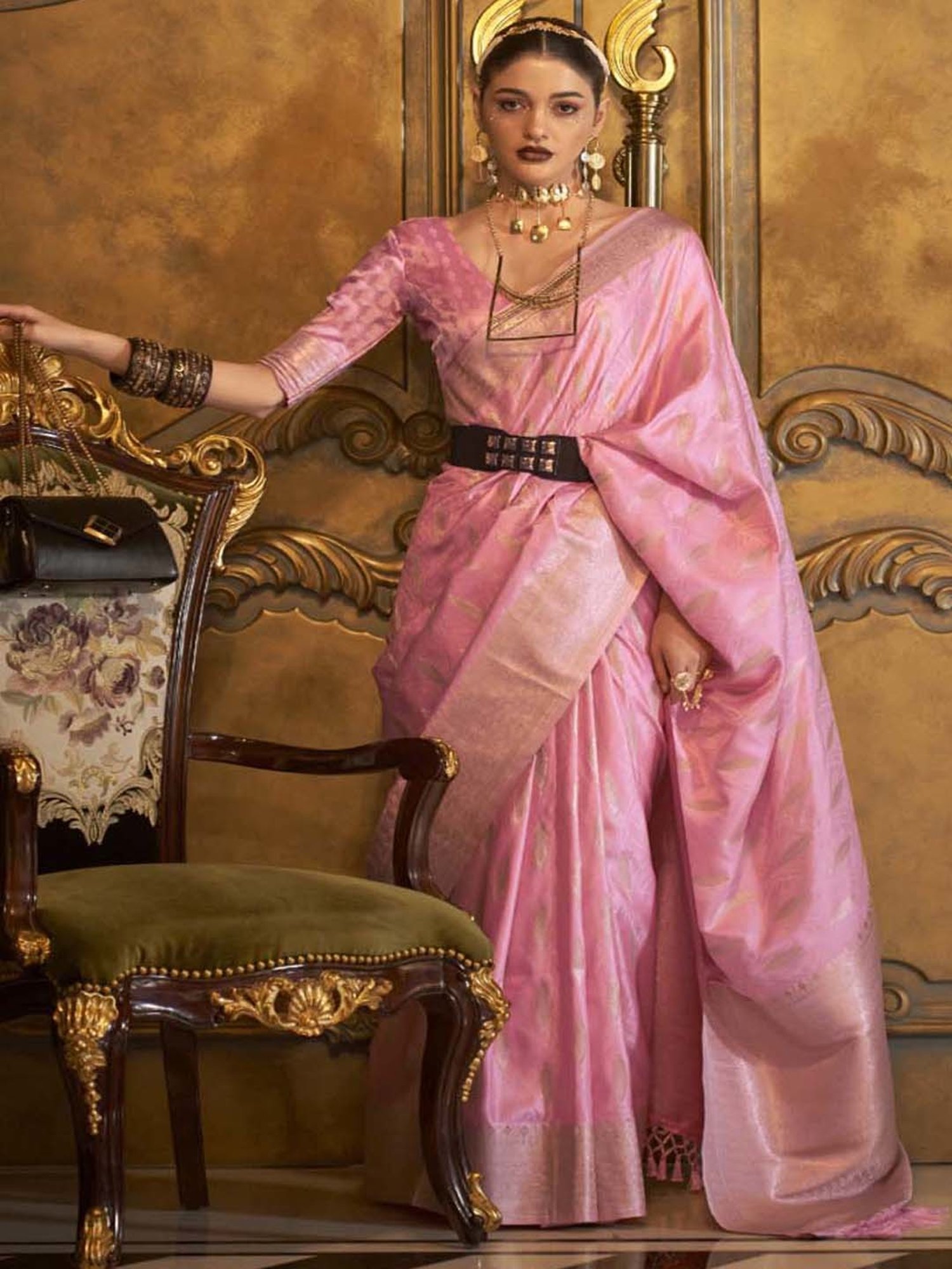 Elora Pink Woven Saree With Unstitched Blouse