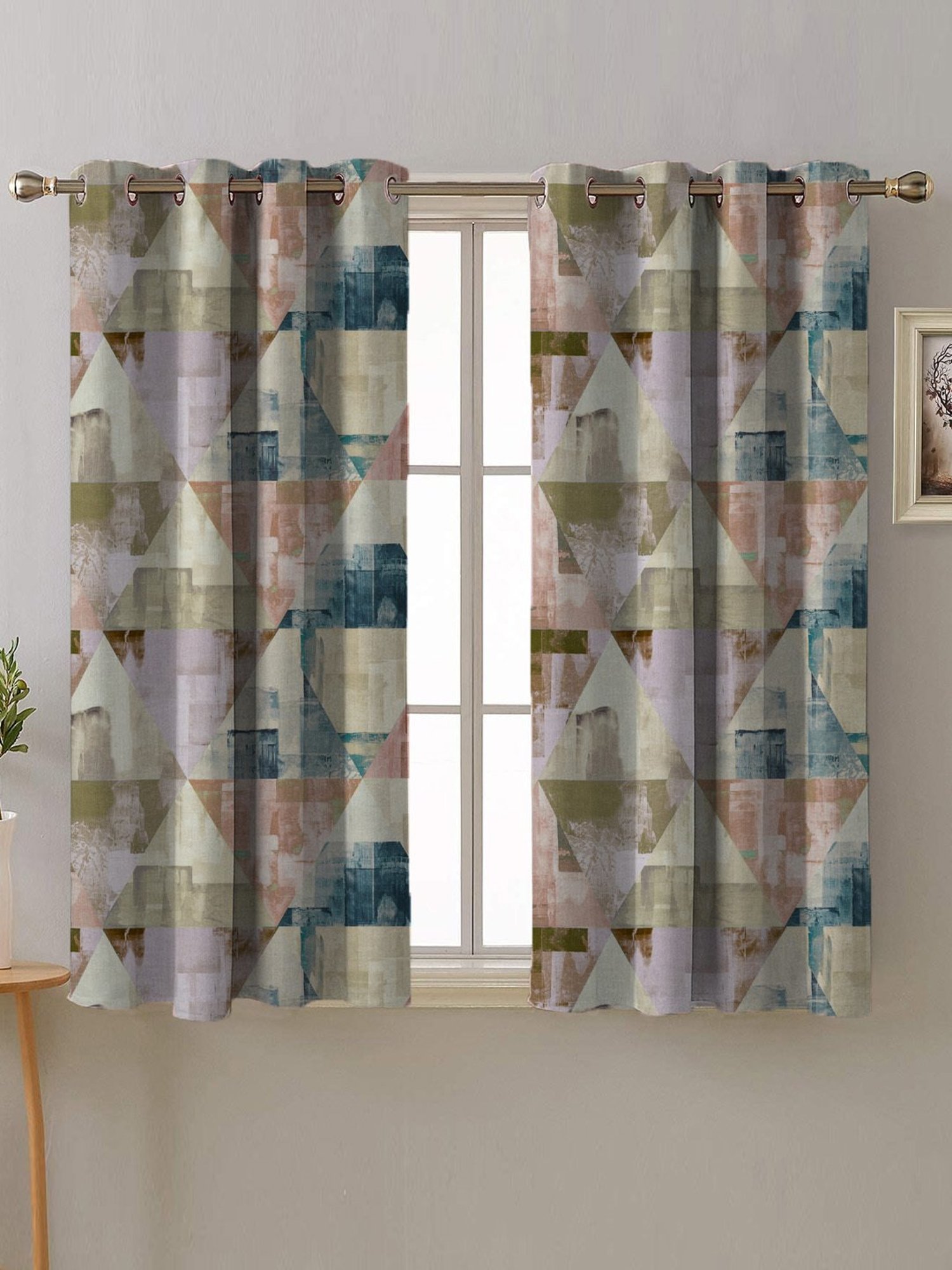Swayam Cream & Blue Printed Faux Silk Door Curtains - Set of 2