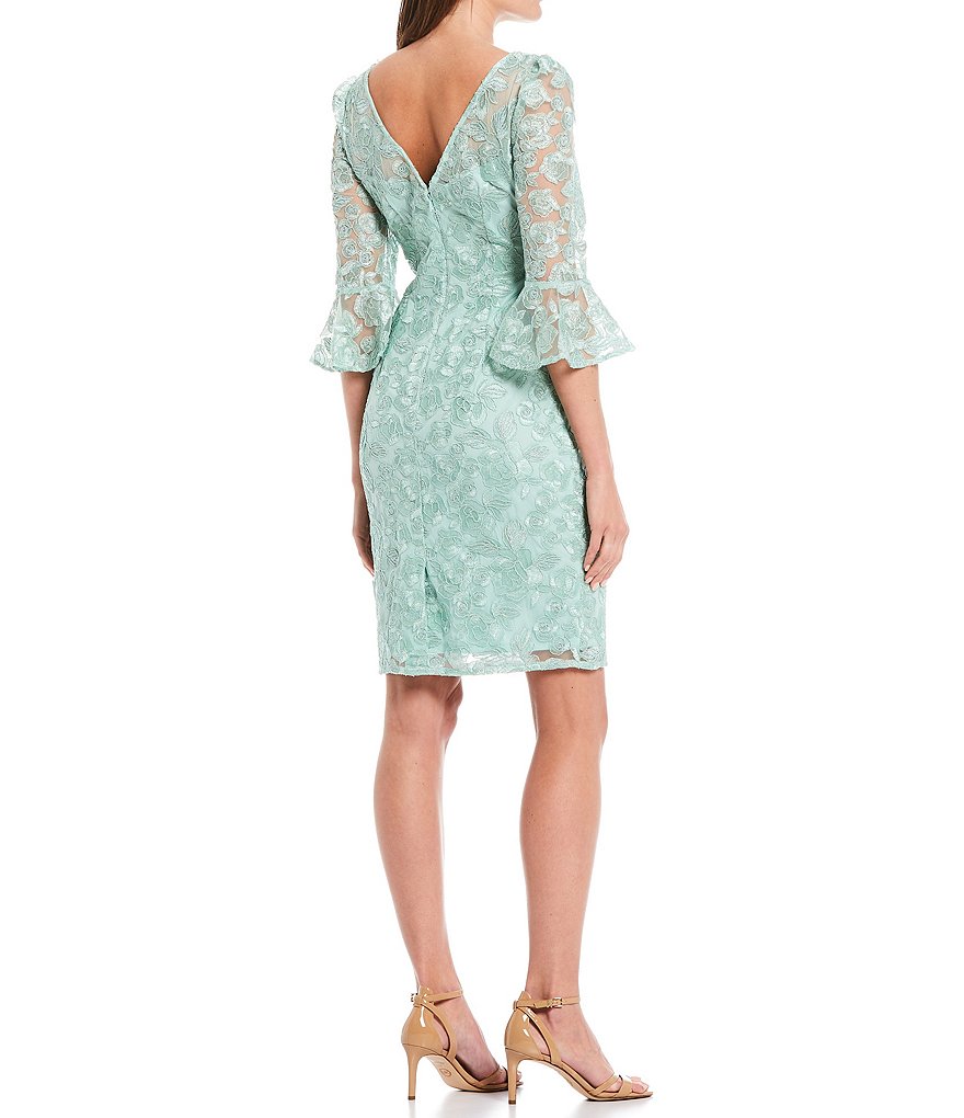 Adrianna Papell 3/4 Bell Sleeve Crew Neck Embroidered Stretch Lace Sheath Dress