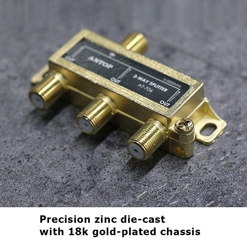 3 Way Antenna Coaxial Splitter ,TV Signal Splitter 2GHz- 5-2050MHz - Low-Loss RF Splitter for TV and Satellite - 18K Gold-Plated Chassis - All Port DC Power Passing