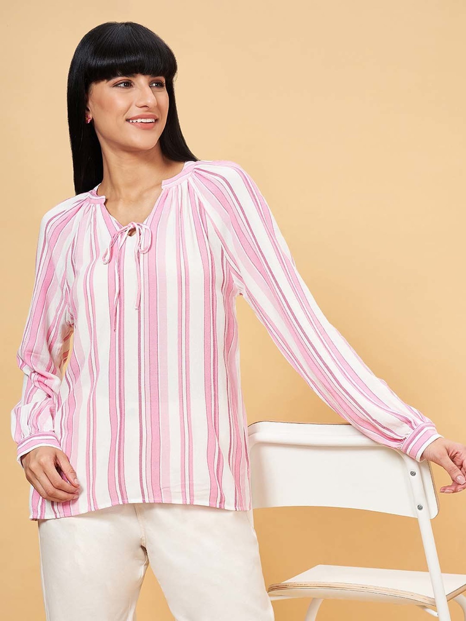 Honey by Pantaloons White & Pink Striped Top