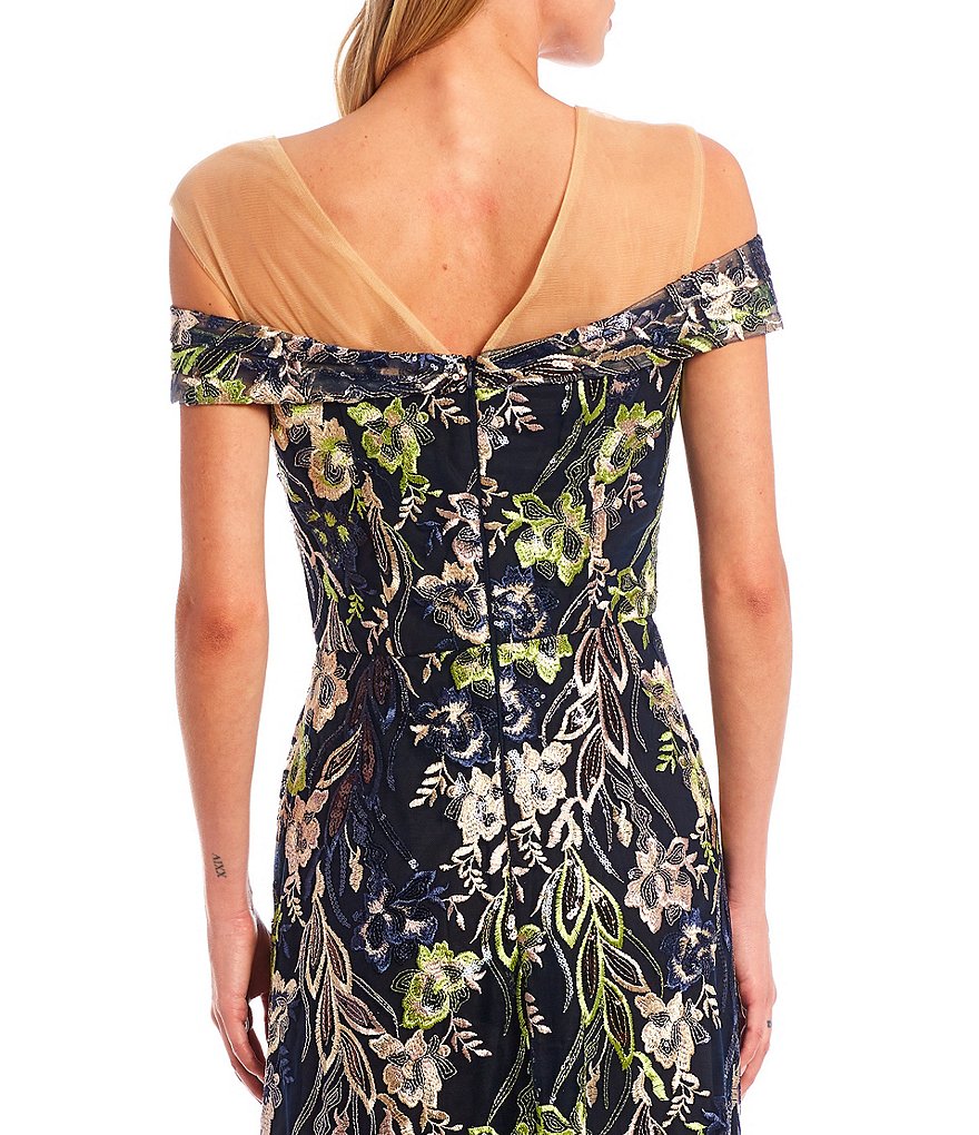 JS Collections Francesca Illusion Yoke Off-the-Shoulder Cap Sleeve Illusion Sweetheart Neck Embroidered Gown