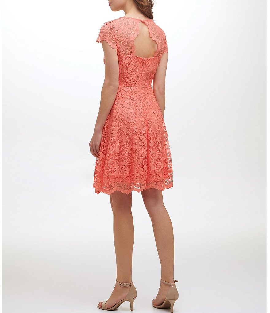 Kensie Illusion Crew Neck Cap Sleeve Lace A-Line Scallop Hem Dress