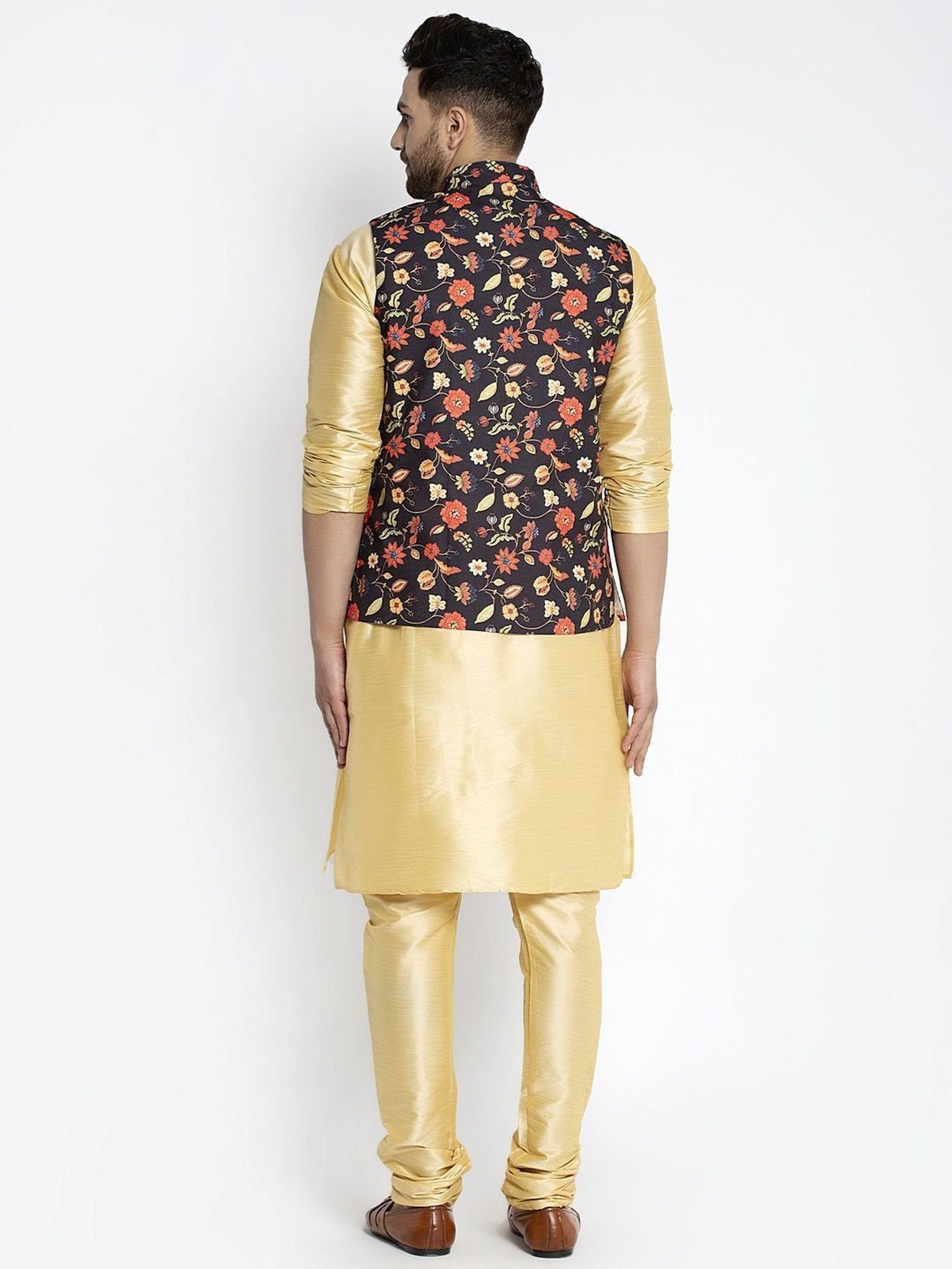 Benstoke Gold & Black Regular Fit Floral Print Kurta Set With Jacket