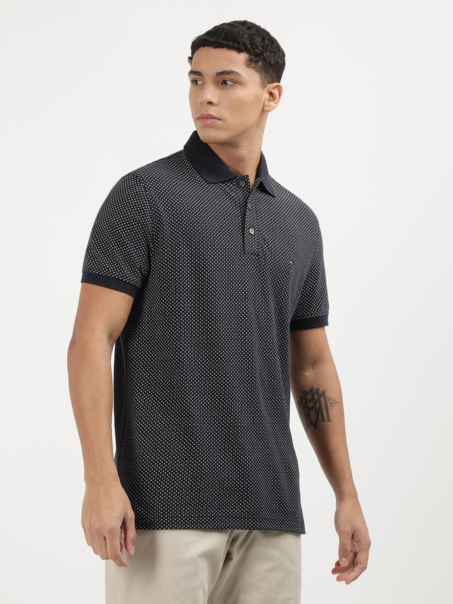 Tommy Hilfiger Desert Sky Melange & Ecru Cotton Regular Fit Graphic Polo T-Shirt