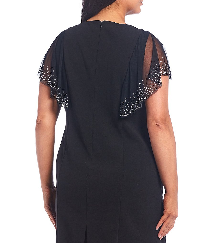 Jkara Plus V-Neck Short Sleeve Beaded Bodice Capelet Gown