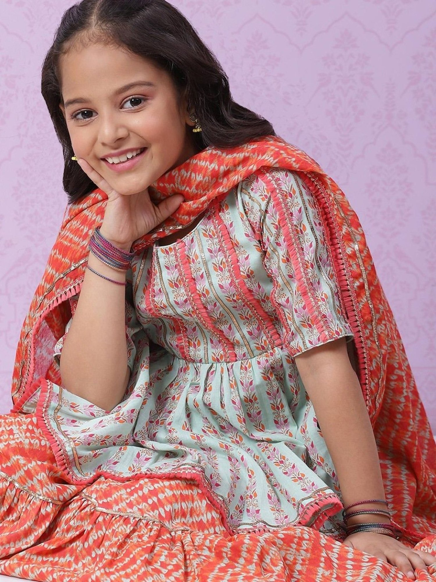 Biba Kids Green & Red Cotton Printed Kurta Set