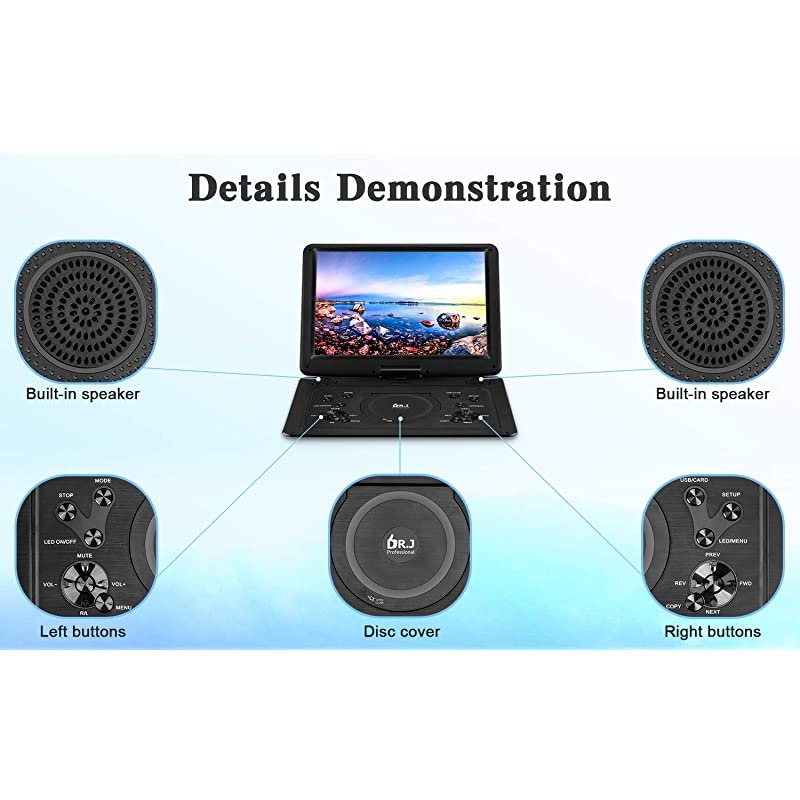 J 17.9" Region Free Portable DVD Player with 6 Hours Rechargeable Battery, Large 15.4&ldquo; Screen DVD Player Sync TV Support USB/SD Card and Multiple Disc Formats, High Volume Speaker Black