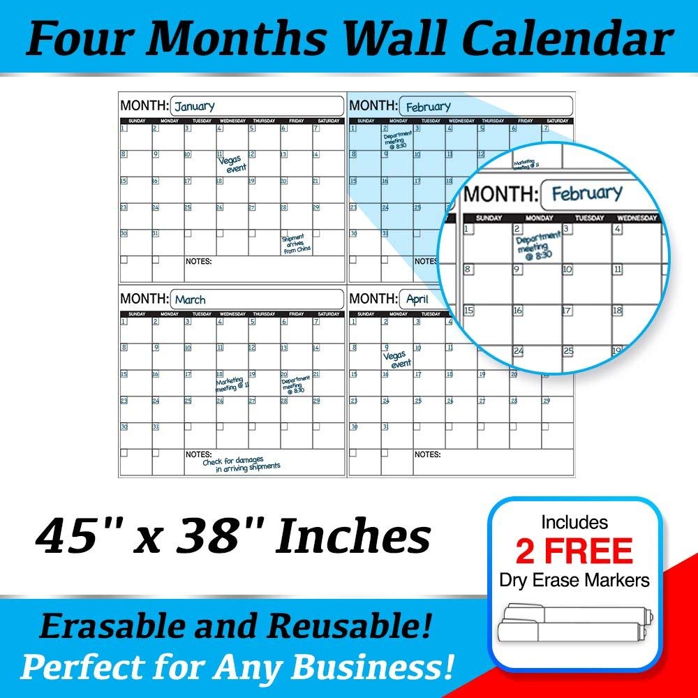 Business Basics EXTRA LARGE Dry Erase 4 Month 24" x 36" in Wall Calendar Laminated Dry or Wet Erase Print Squares to Plan Your Whole Day Perfect for School Office Cubicle Home College Dorms