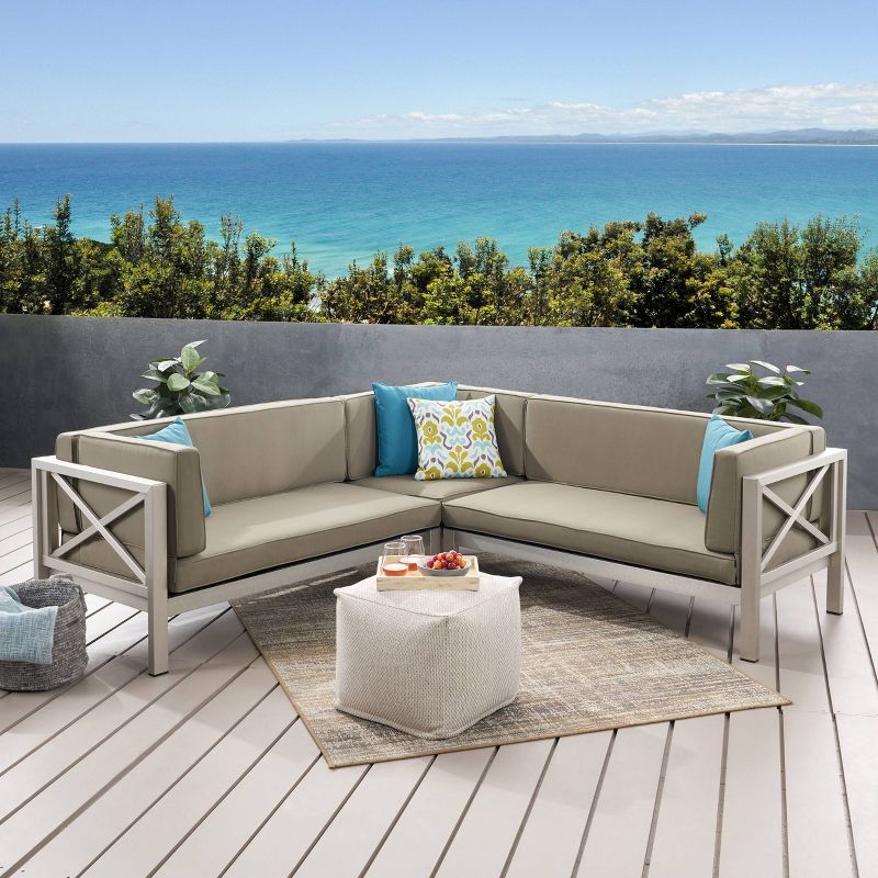 La Vista 5pc Aluminum V-Shaped Sectional Sofa Set - Silver/Khaki - Christopher Knight Home