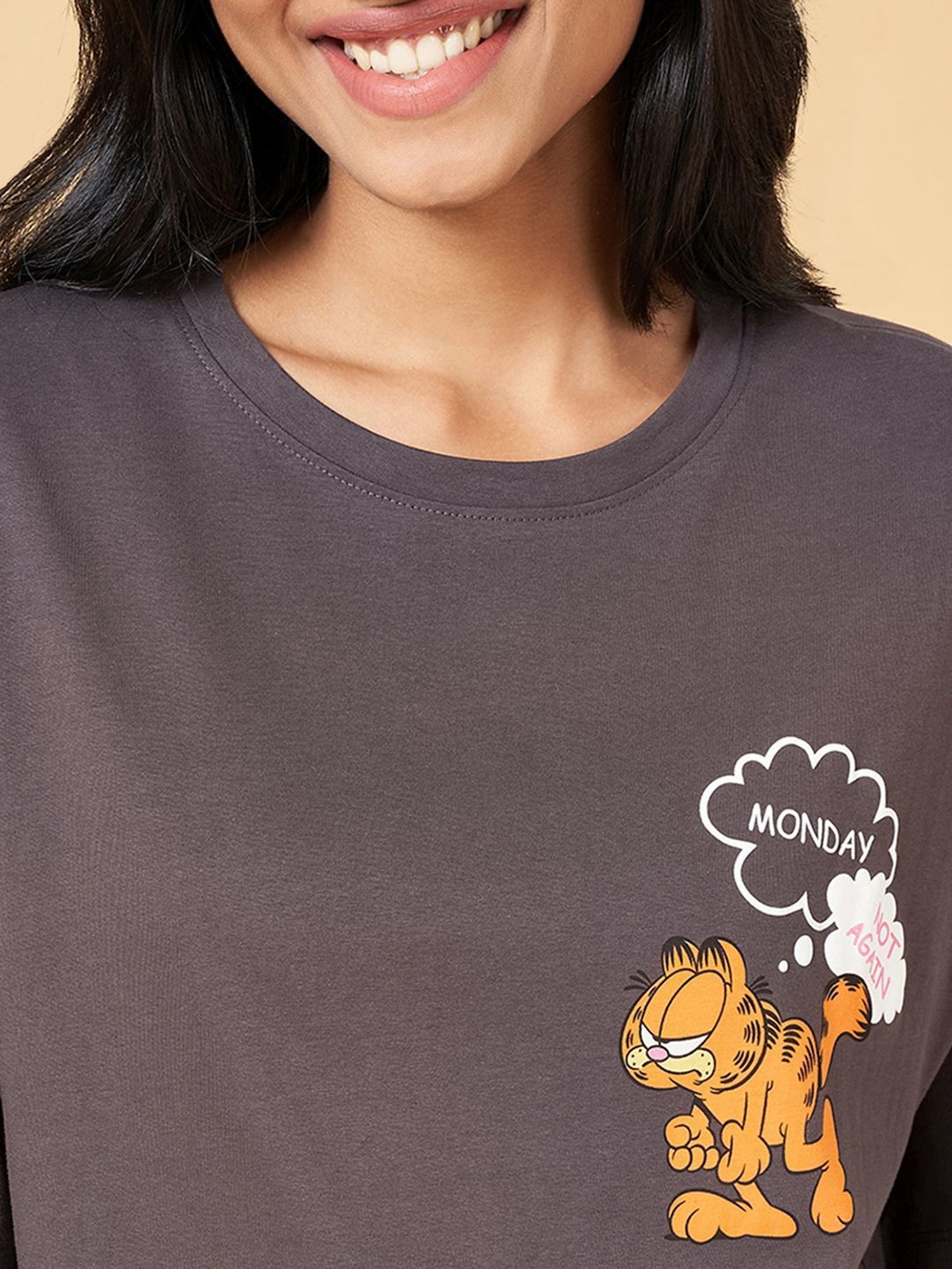 Dreamz by Pantaloons Grey & Peach Cotton Graphic Print T-Shirt Pyjama Set