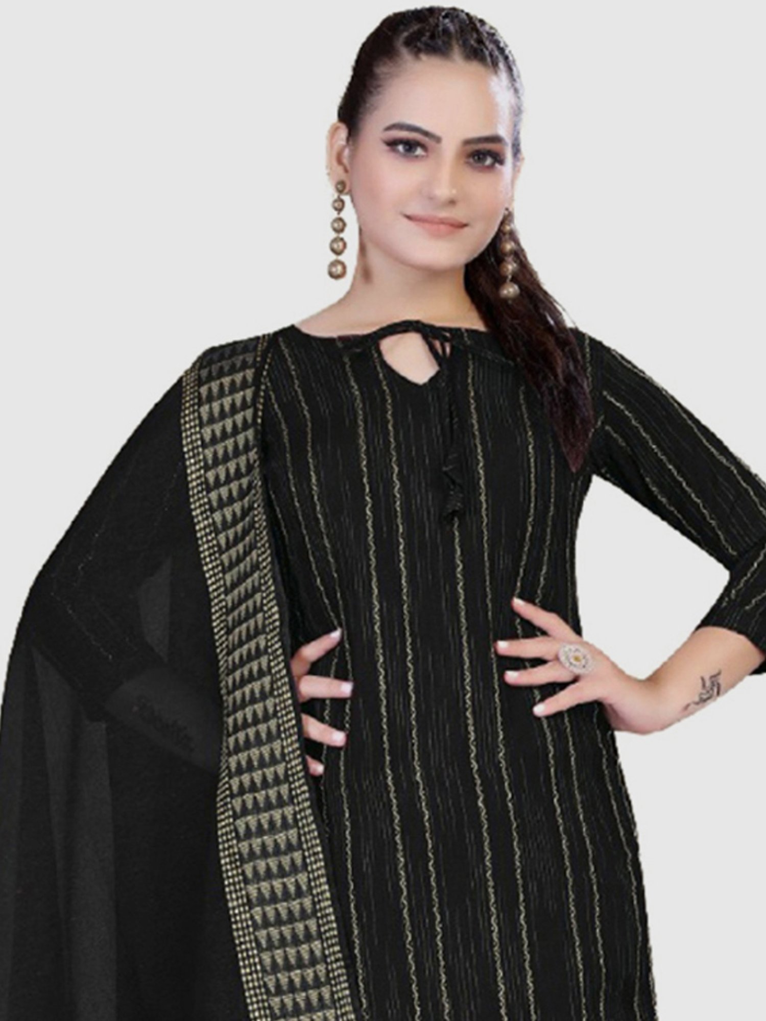 APNISHA Black Cotton Striped Unstitched Dress Material
