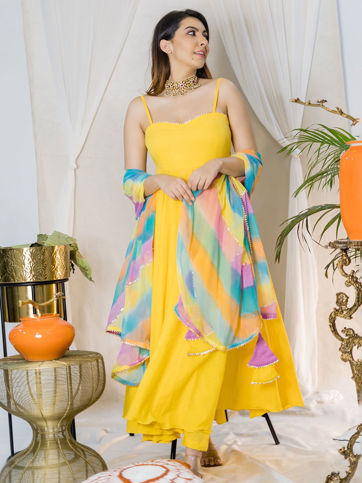 AACHHO Yellow Starburst Leheriya Suit Set