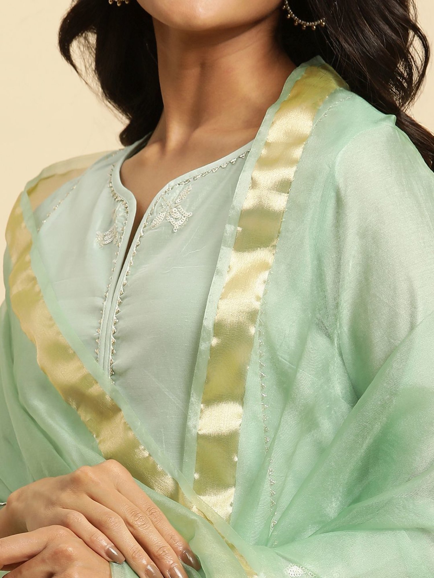 W Green Woven Pattern Dupatta