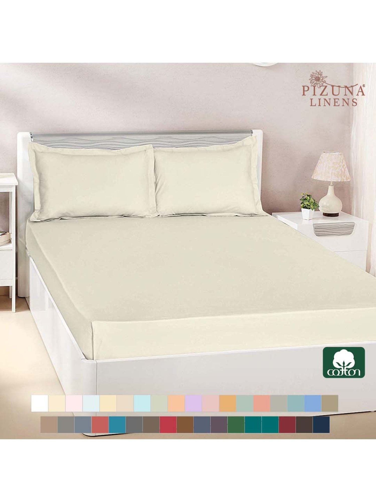 Pizuna 400TC 100% Cotton New Ivory Flat Bed Sheet Double Size With 2 Pillow Cover Size