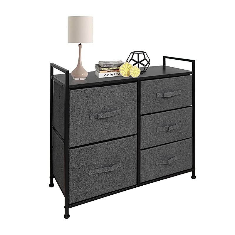 Storage Cube Dresser Organizer for Closet Nursery Bathroom Laundry or Bedroom 5 Fabric Drawers Solid Wood Top Durable Steel Frame Charcoal