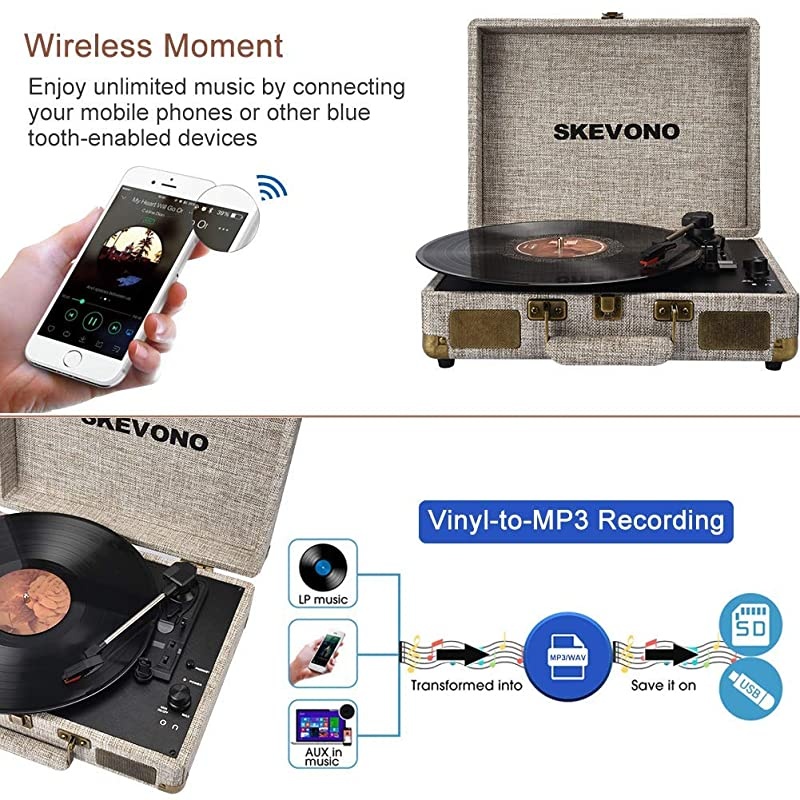 Vinyl Record Player  3 Speed Portable Suitcase Turntable Bluetooth Vintage Record Player with 2 Builtin Speakers Supports RCA OutputHeadphone JackPhone Music Playback Light Beige Linen