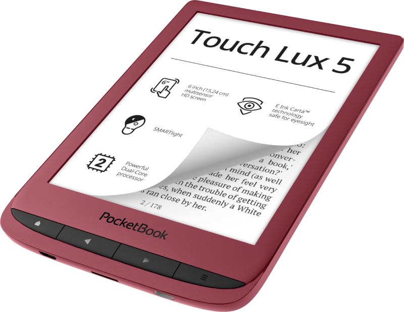 PocketBook Touch Lux 5 (Ruby Red). Display: 6" E Ink Carta&trade;; Dual Core (2&times;1 GHz); RAM: 512 MB; Flash memory: 8 GB; Wi-Fi; SMARTlight; Touchscreen; Battery: 1500 mAh (Li-Ion Polymer).