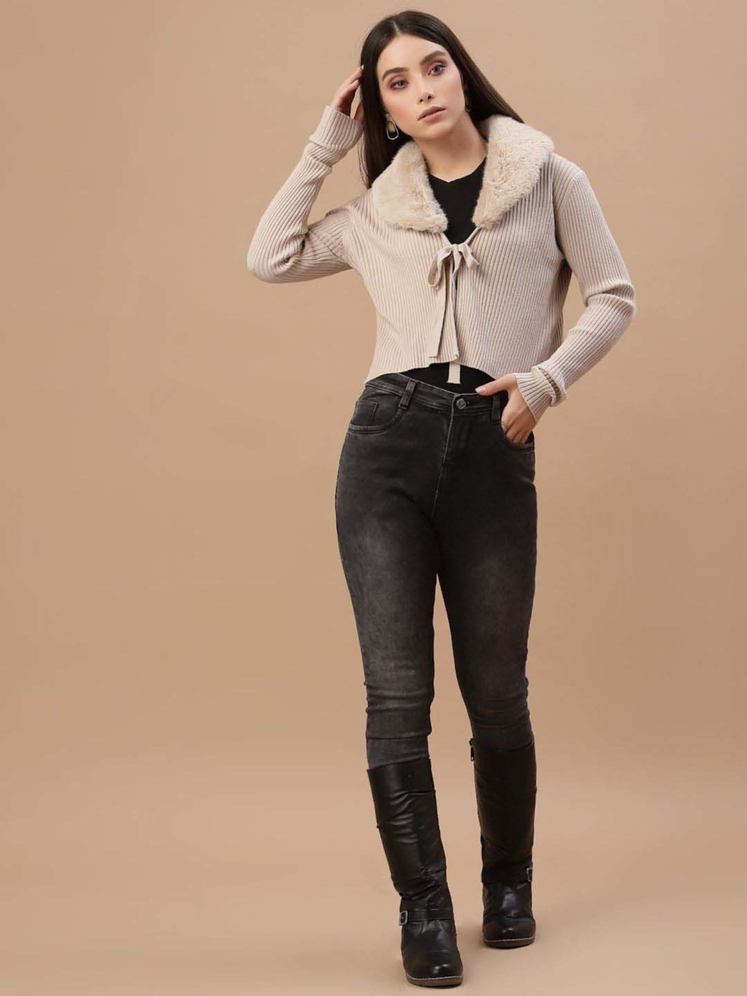 Mafadeny Beige Plain Cropped Cardigan