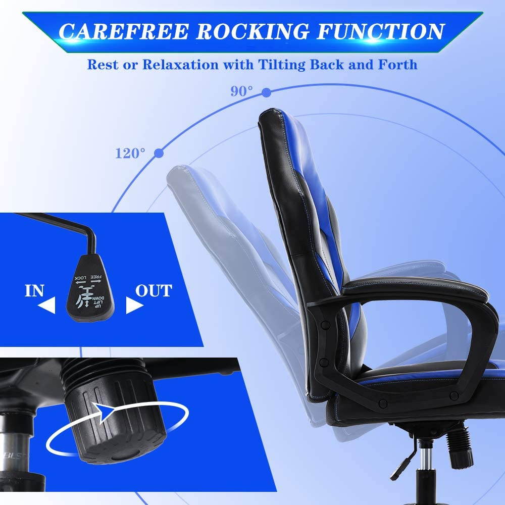 SMUGDESK Gaming Chair,  Office Computer Swivel Desk Task Chair, Ergonomic Executive Chair Bonded Leather with Padding Armrests and Lumbar Support (Blue)