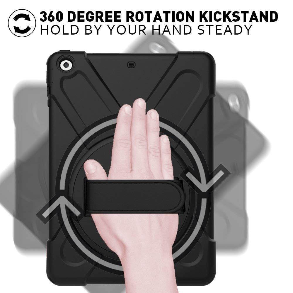 ZenRich New iPad 9.7 2017 2018 Case,360 Degree Rotatable with Kickstand,Hand Strap and Shoulder Strap case, 3 Layer Hybrid Heavy Duty Shockproof case for iPad 9.7 5th/6th Generation (Black)