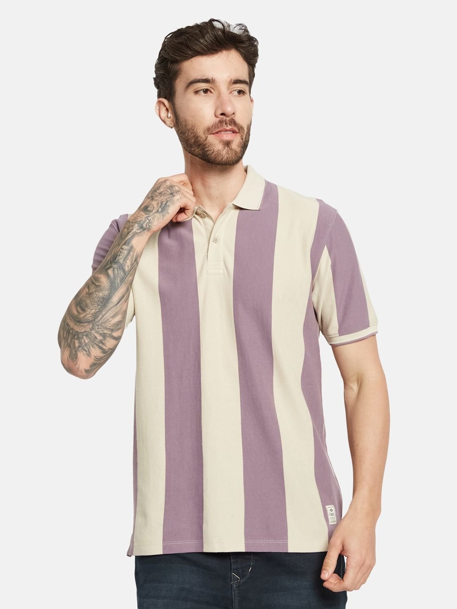 Octave Gravel Cotton Regular Fit Striped Polo T-Shirt
