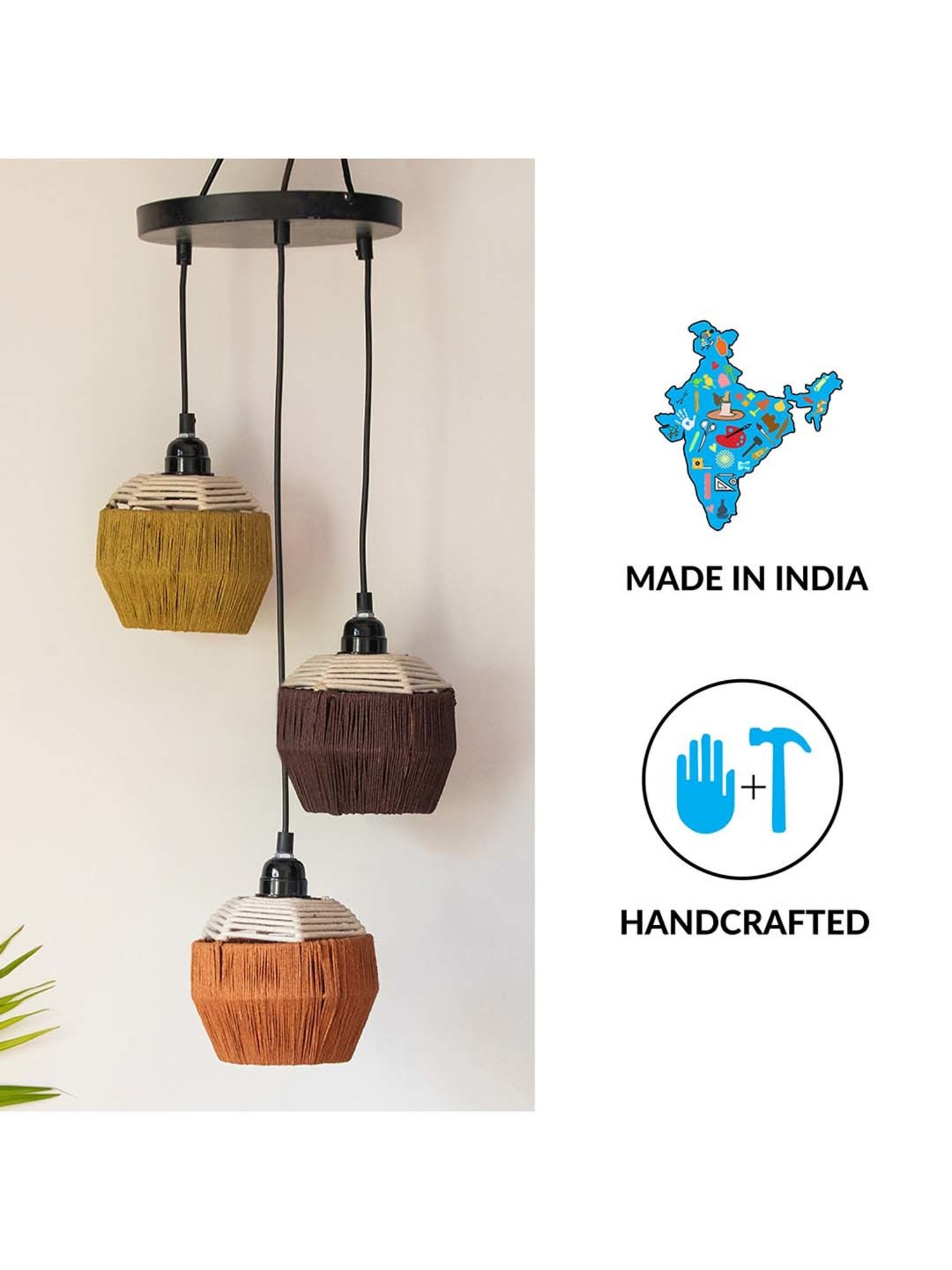 ExclusiveLane Flares Brown Jute Handwoven Adjustable Chandelier With Hanging Lamp Shades