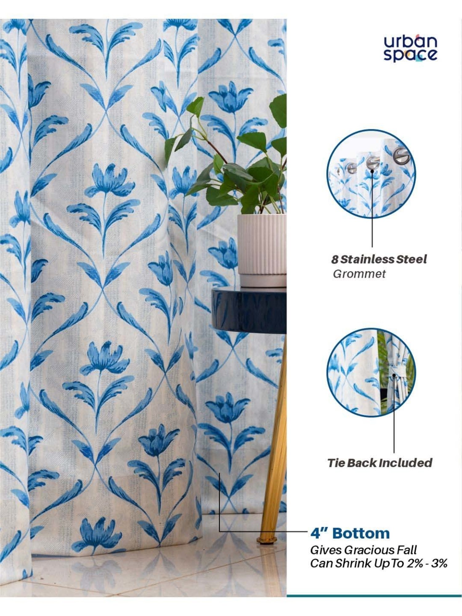 Urban Space White & Blue Cotton Water Lily Printed Window Curtain - Set of 2