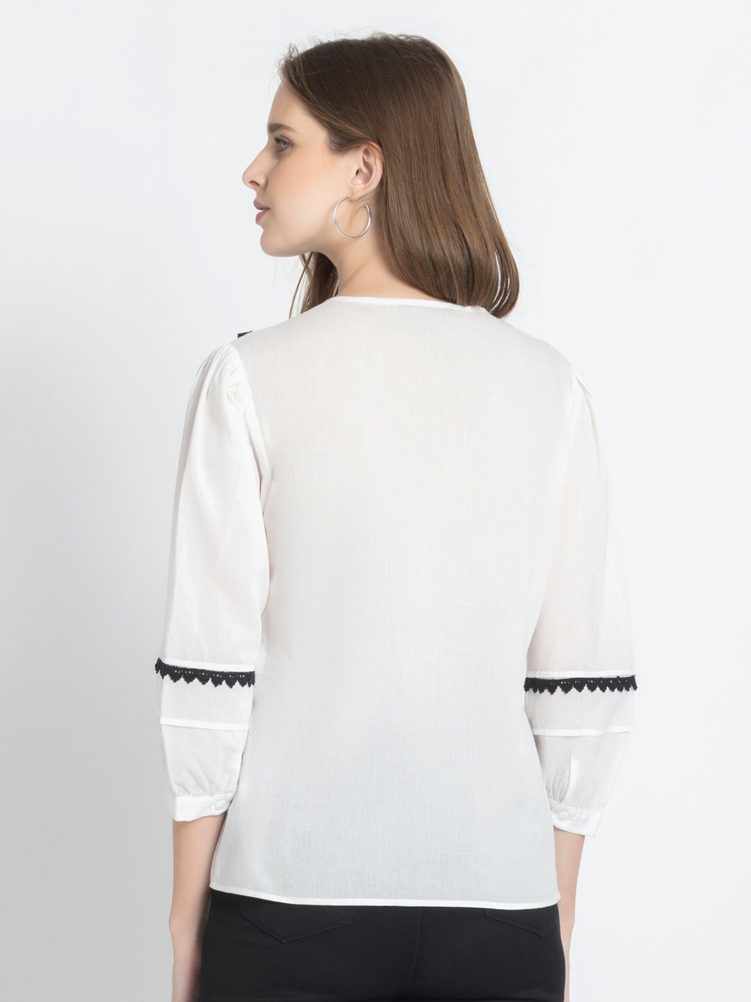 SHAYE White & Black Cotton Lace Top
