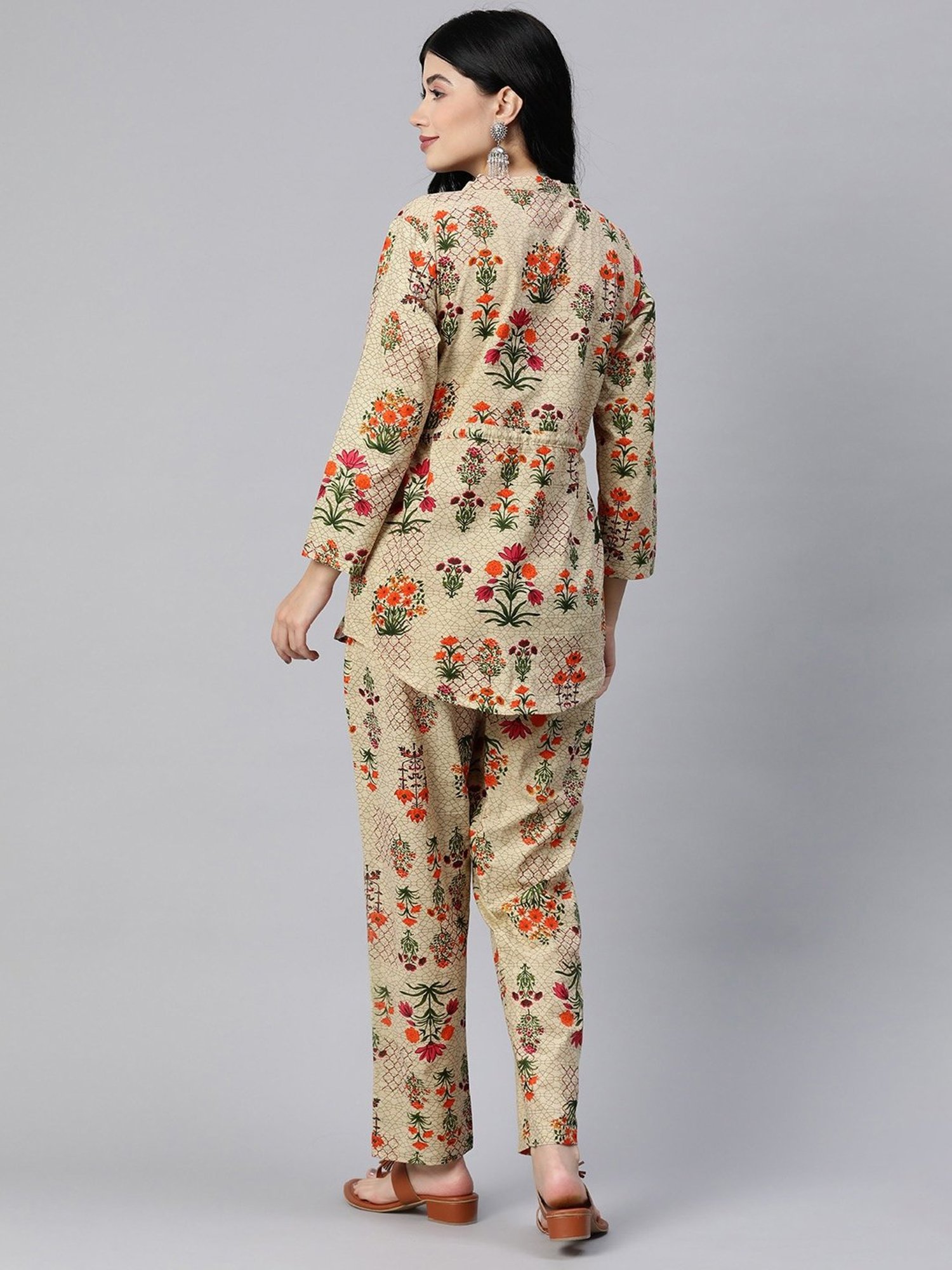 READIPRINT FASHIONS Beige Cotton Floral Print Tunic Pant Set