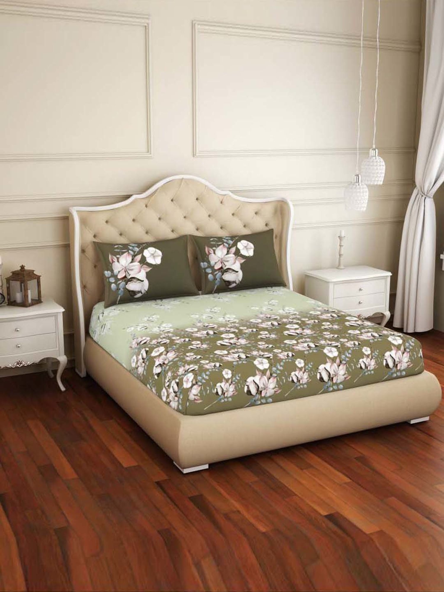 Welspun Printed Green Cotton Double Fitted Bed Sheet with 2 Pillow Covers