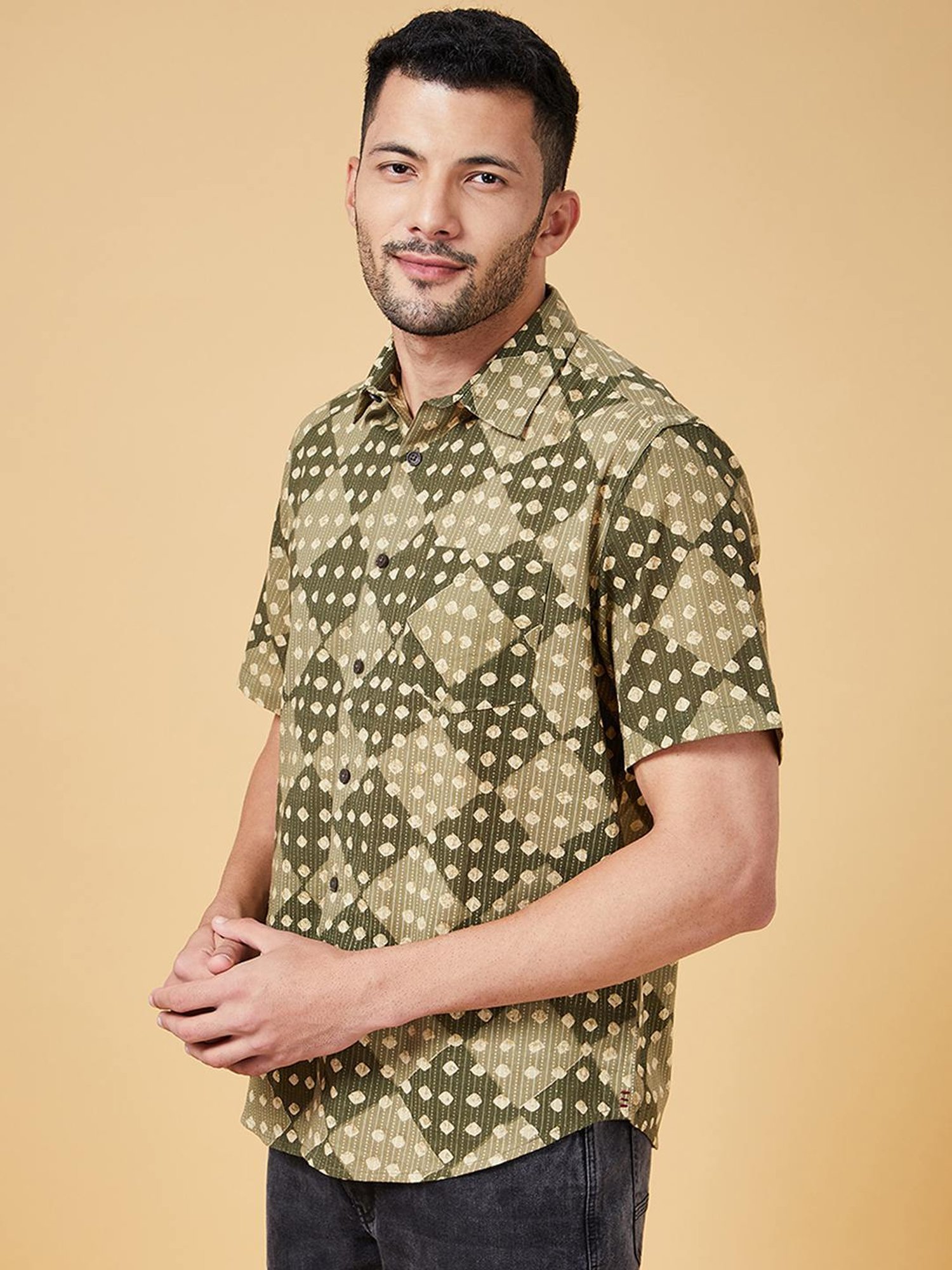 Indus Route By Pantaloons Sage Green Cotton Regular Fit Printed Shirt