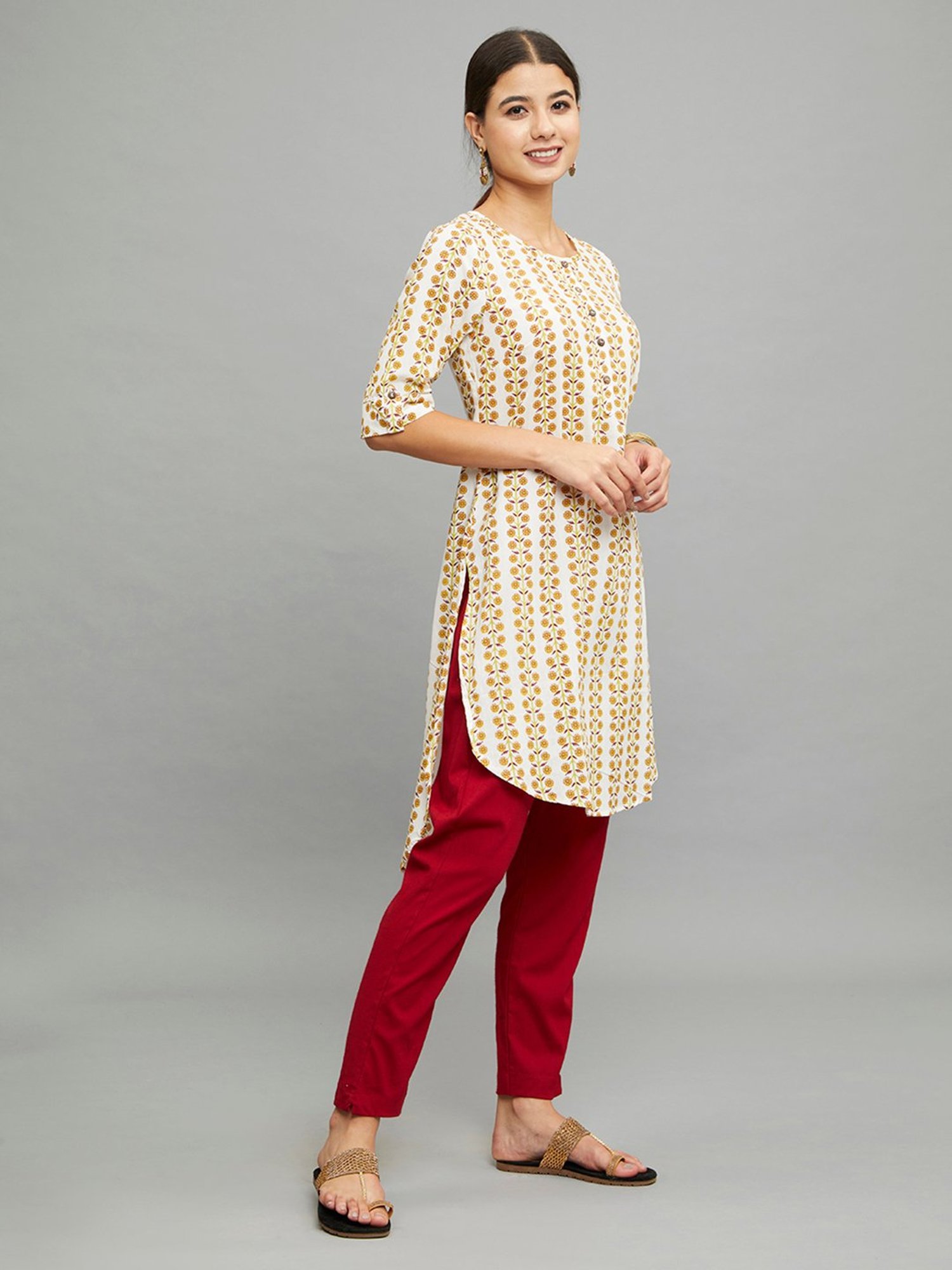 paislei Beige Printed High low Kurta