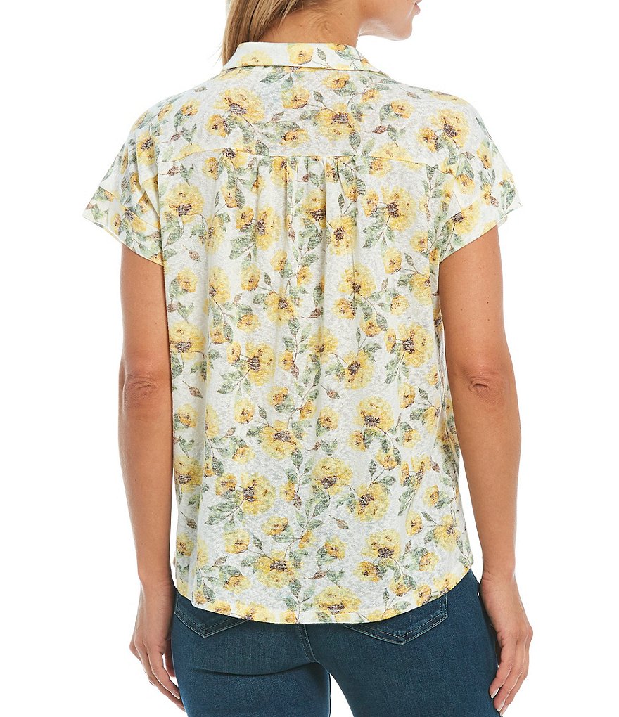 Bobeau Yellow Floral Print Point Collar Short Cuffed Dolman Sleeve Top