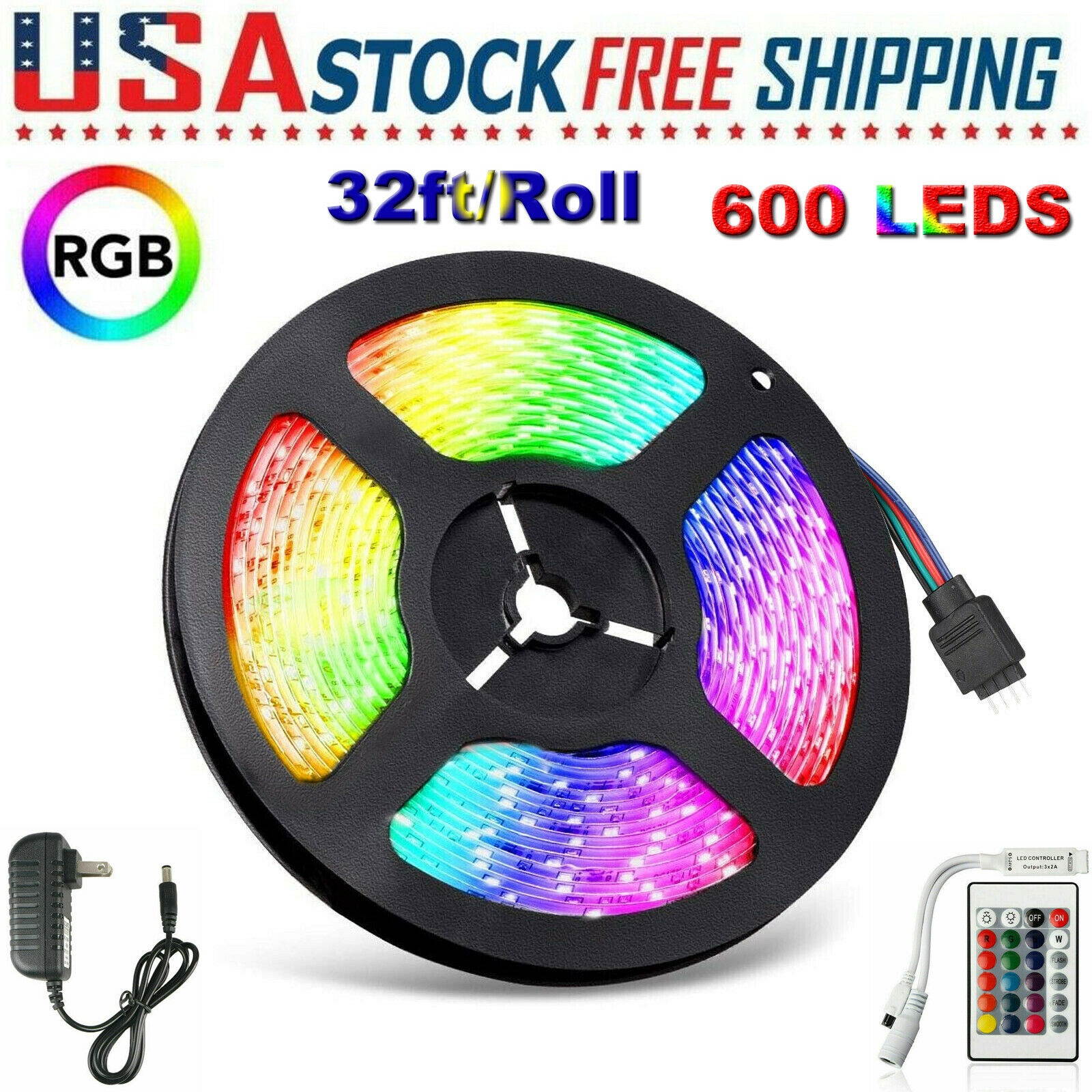 32.8 Feet RGB 3528 Flexible Led Strip Lights SMD 24 Key Remote 12V DC Power Kit