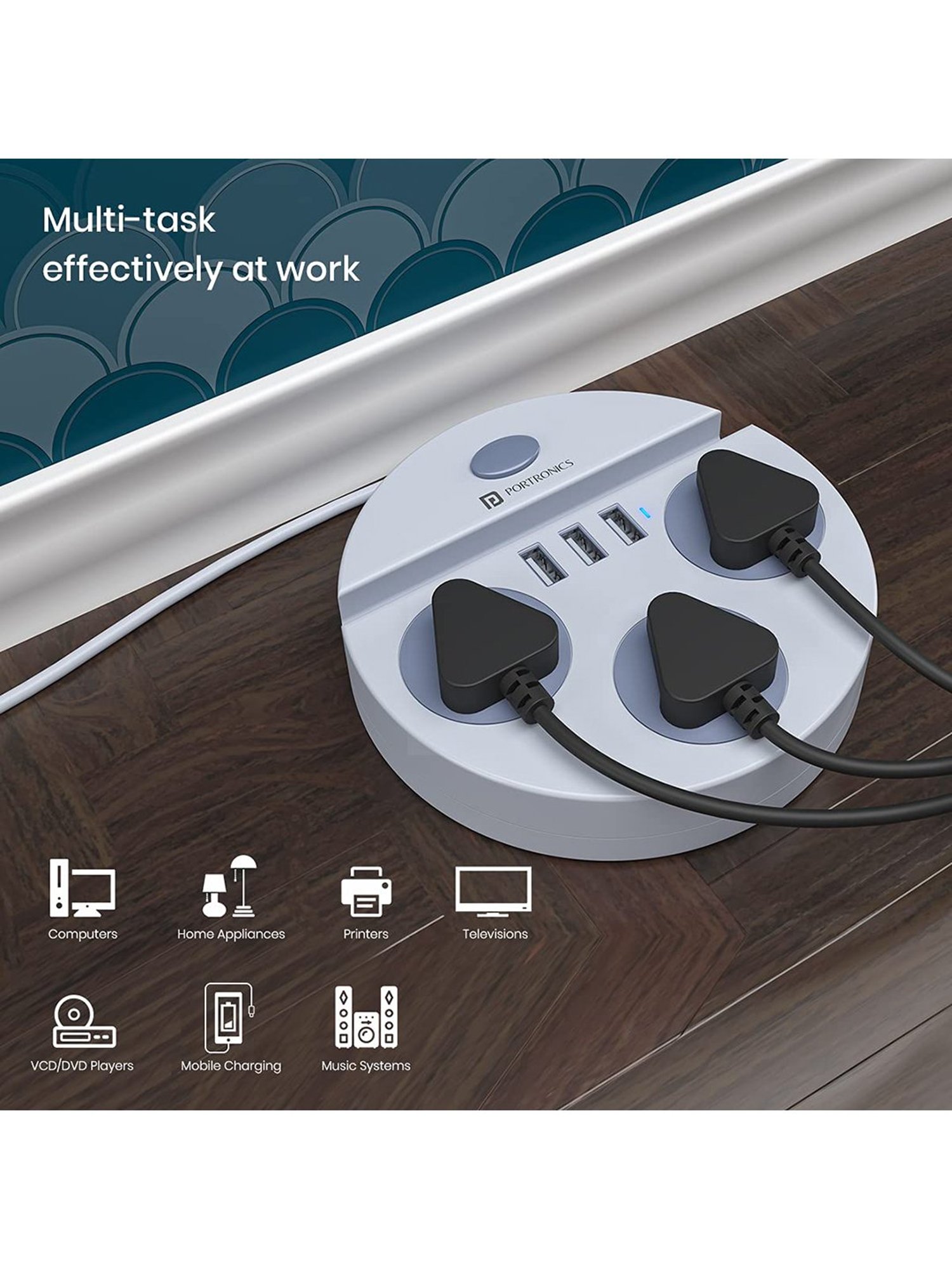 Portronics Power Plate 5 POR-1359 With 3 Socket & 3 USB Port Surge Protector (White)