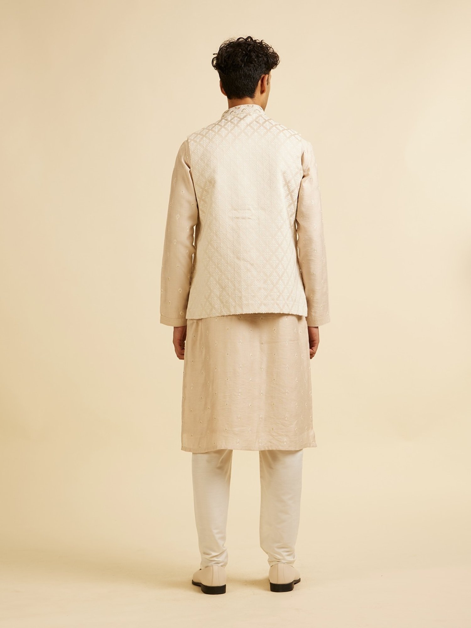Manyavar Beige Regular Fit Embroidered Nehru Jacket