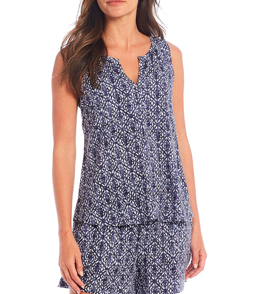 Nottibianche Split V-Neck Printed Shelf Bra Jersey Knit Coordinating Sleep Tank