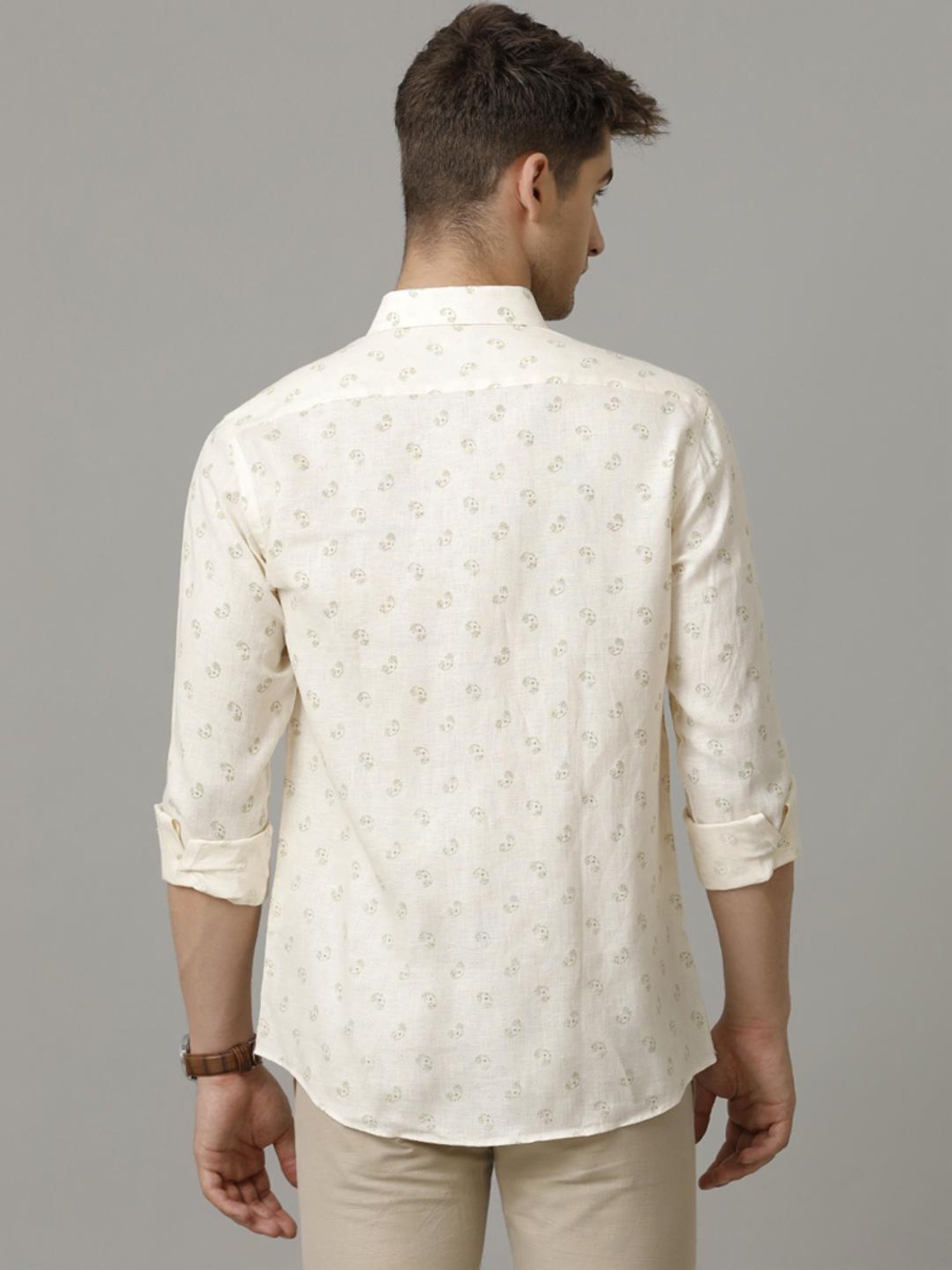 Linen Club Beige Linen Contemporary Fit Printed Shirt