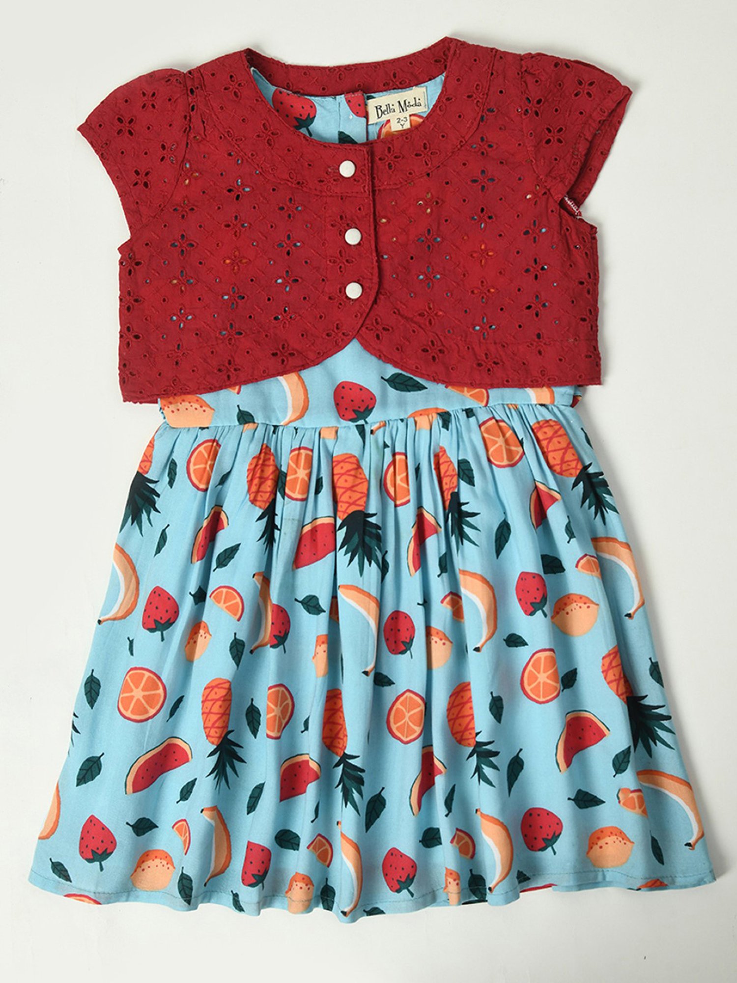 Bella Moda Kids Blue & Maroon Self Design Fit & Flare Dress with Jacket