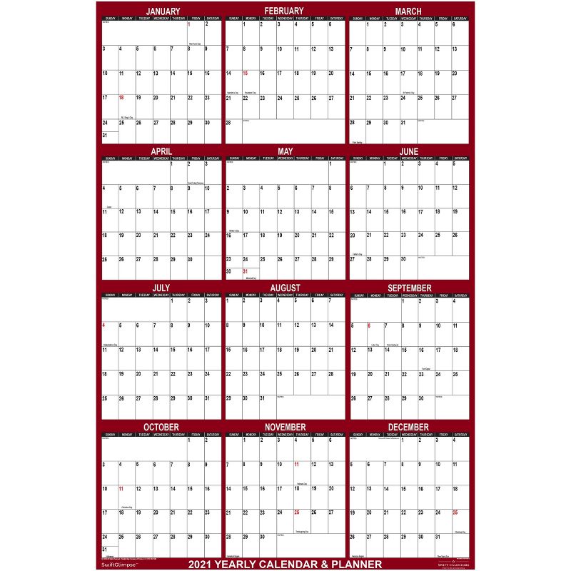 2021 Dry Erase Wall Calendar 18"x24" Maroon Accent - SwiftGlimpse