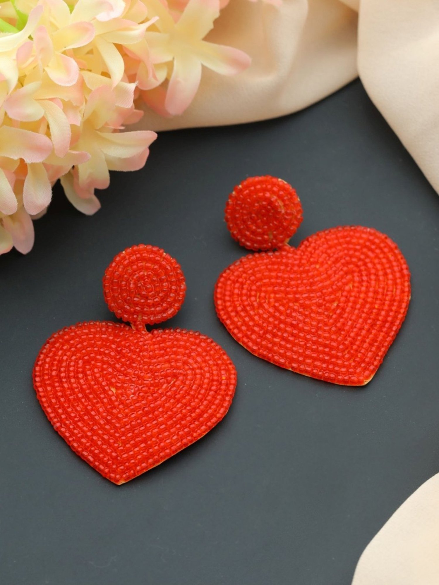 Aatmana Handwoven Beads & Red Heart Shaped Dangler Earrings for Women